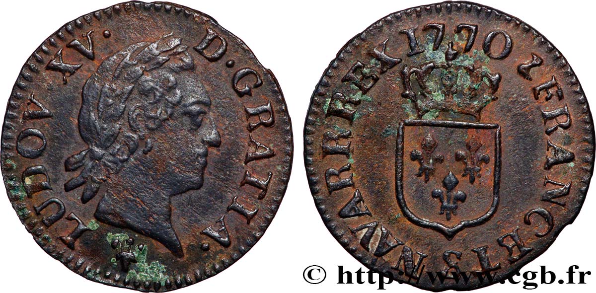 LOUIS XV  THE WELL-BELOVED  Liard dit  à la vieille tête  1770 Reims SS