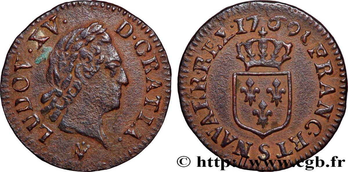 LOUIS XV  THE WELL-BELOVED  Liard dit “à la vieille tête” 1769 Reims SS