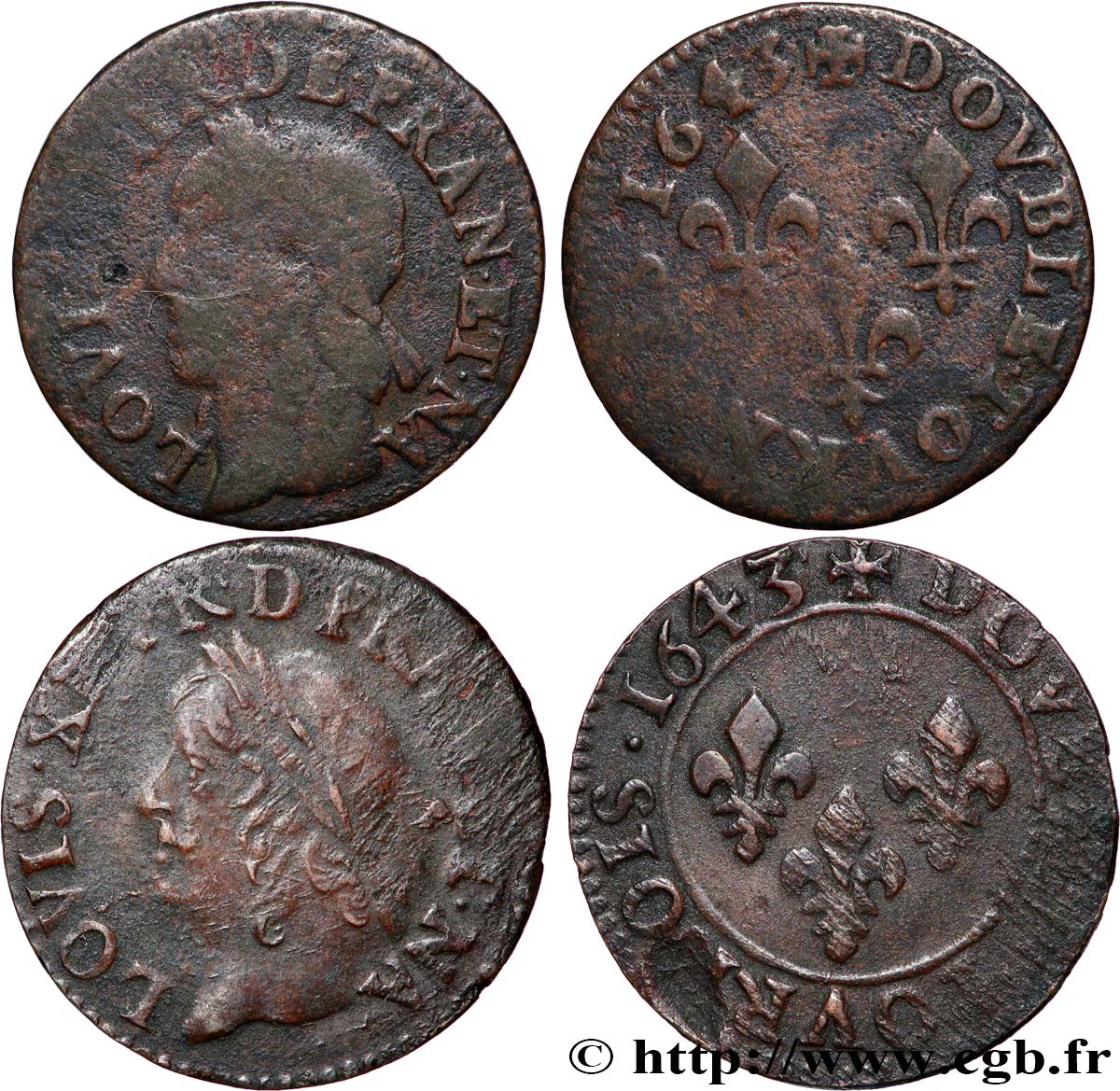 LOUIS XIII  Lot de 2 doubles tournois à la vieille tête, type de Warin 1643 Atelier indéterminé lot