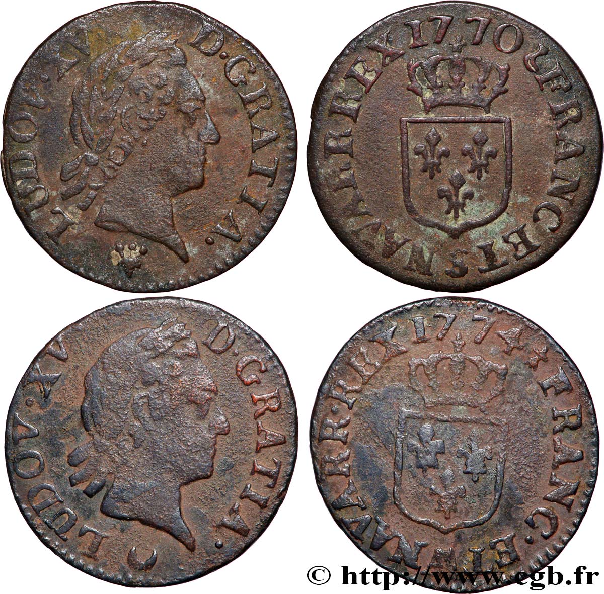 LOUIS XV  THE WELL-BELOVED  Liard dit “à la vieille tête”, lot de 2 ex. n.d. Ateliers divers lot