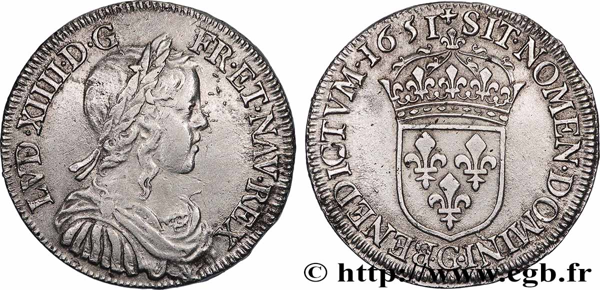 LOUIS XIV LE GRAND OU LE ROI SOLEIL Demi-écu, portrait à la mèche longue 1651 Poitiers TTB