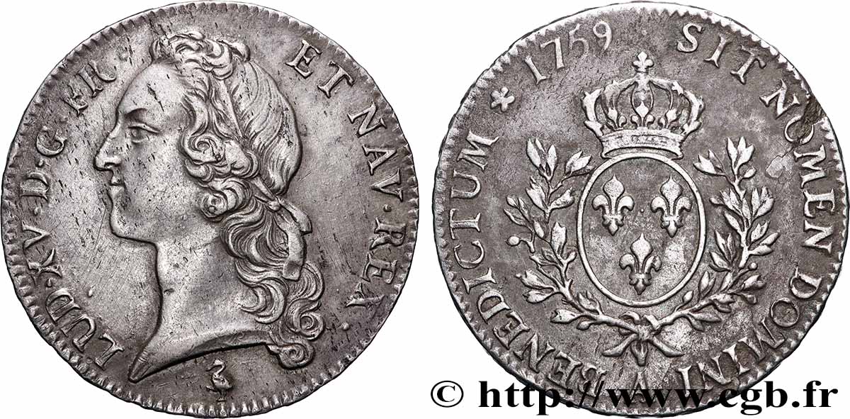 LOUIS XV DIT LE BIEN AIMÉ Écu aux branches d’olivier, tête ceinte d’un bandeau 1759 Paris SUP/TTB+