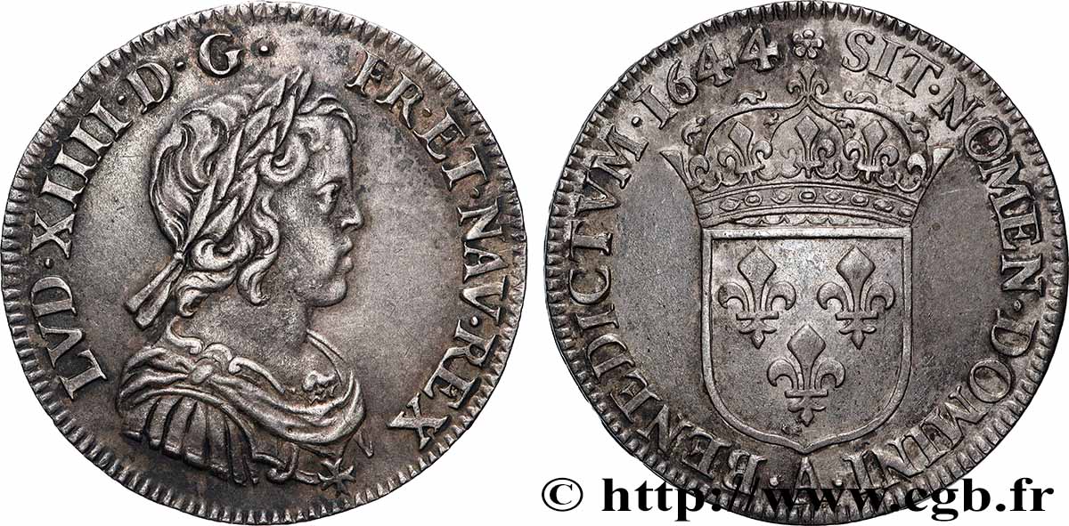 LOUIS XIV LE GRAND OU LE ROI SOLEIL Quart d&nbsp;écu, portrait à la mèche courte 1644 Paris, Monnaie de Matignon SUP