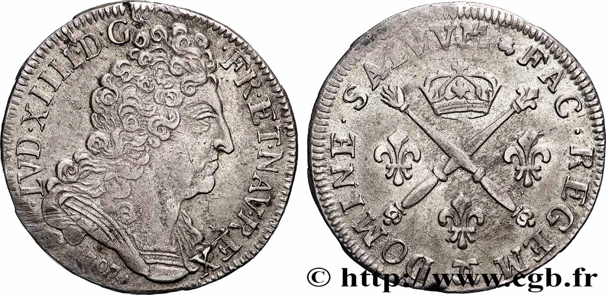 LOUIS XIV &nbsp;THE SUN KING&nbsp; 20 sols aux insignes 1707 Besançon SS