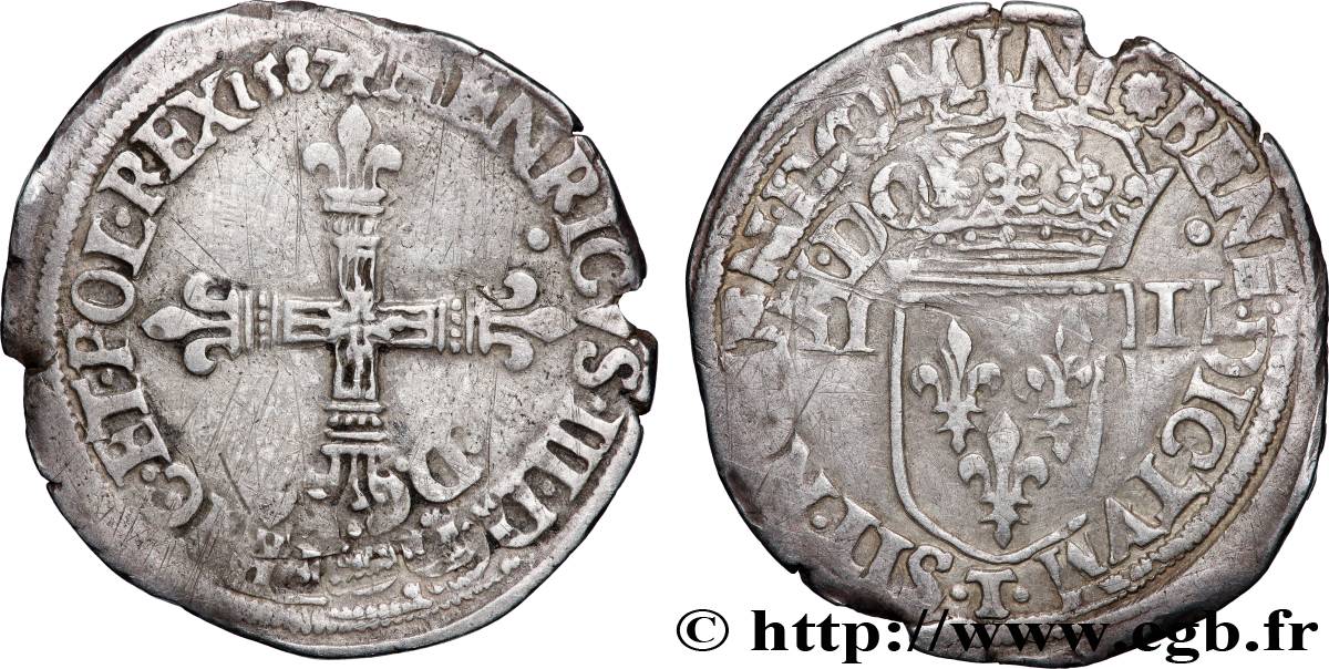 HENRI III Quart d&nbsp;écu, croix de face 1587 Nantes TTB