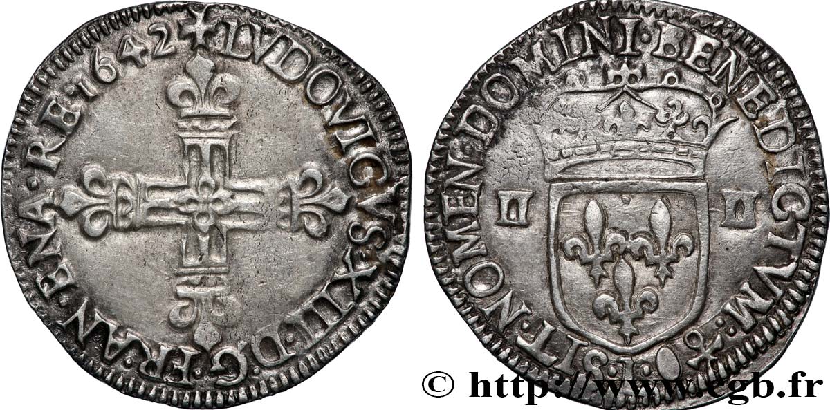 LOUIS XIII LE JUSTE Quart d&nbsp;écu, à la croix fleurdelisée, titulature côté croix 1642 Bayonne TTB+/SUP
