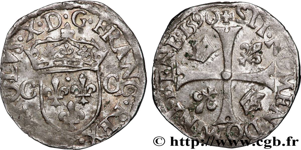 CHARLES X, CARDINAL DE BOURBON Douzain aux deux C, 2e type 1590 Bourges TTB