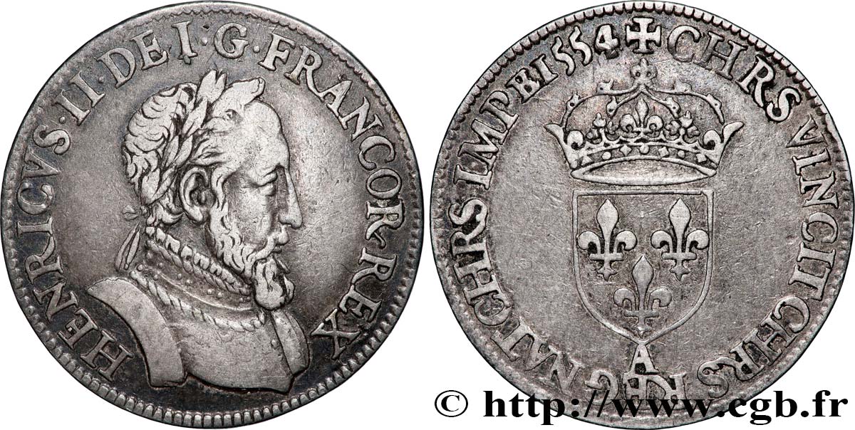 HENRY II Demi-teston au buste lauré, fabriqué au moulin 1554 Paris SS