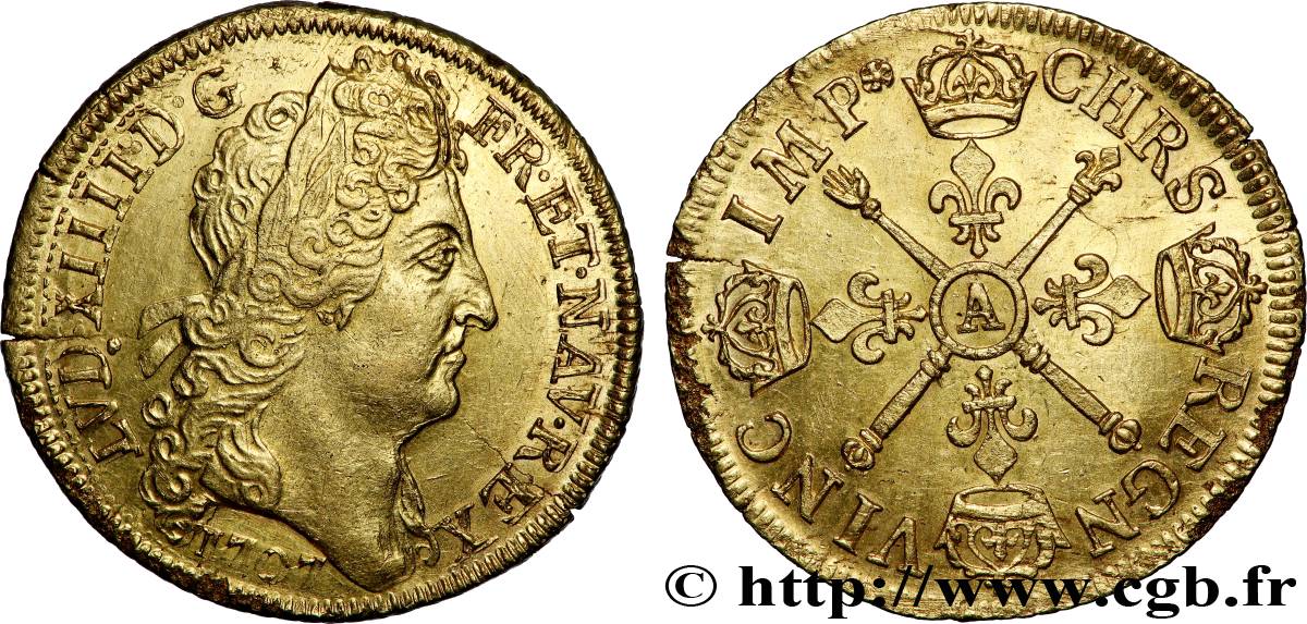 LOUIS XIV LE GRAND OU LE ROI SOLEIL Double louis d&nbsp;or aux insignes, portrait aux cheveux longs 1707 Paris SUP