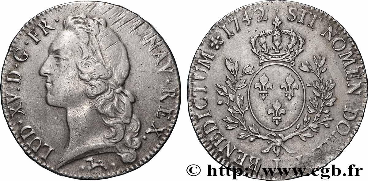 LOUIS XV DIT LE BIEN AIMÉ Écu aux branches d’olivier, tête ceinte d’un bandeau 1742 Bayonne TTB