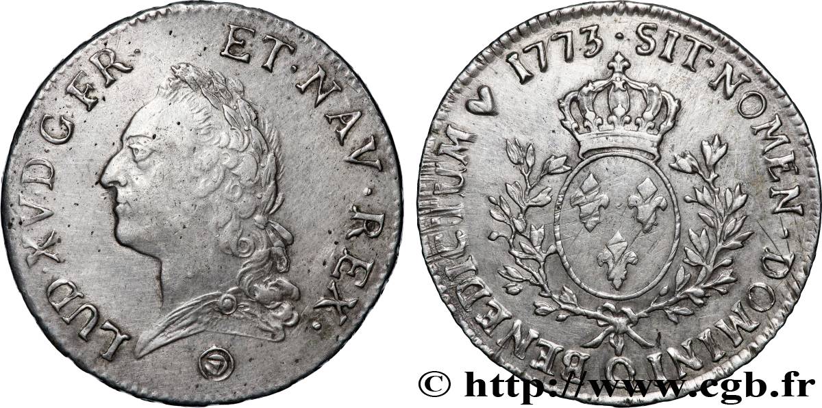 LOUIS XV DIT LE BIEN AIMÉ Écu aux branches d’olivier, buste lauré 1773 Perpignan TTB