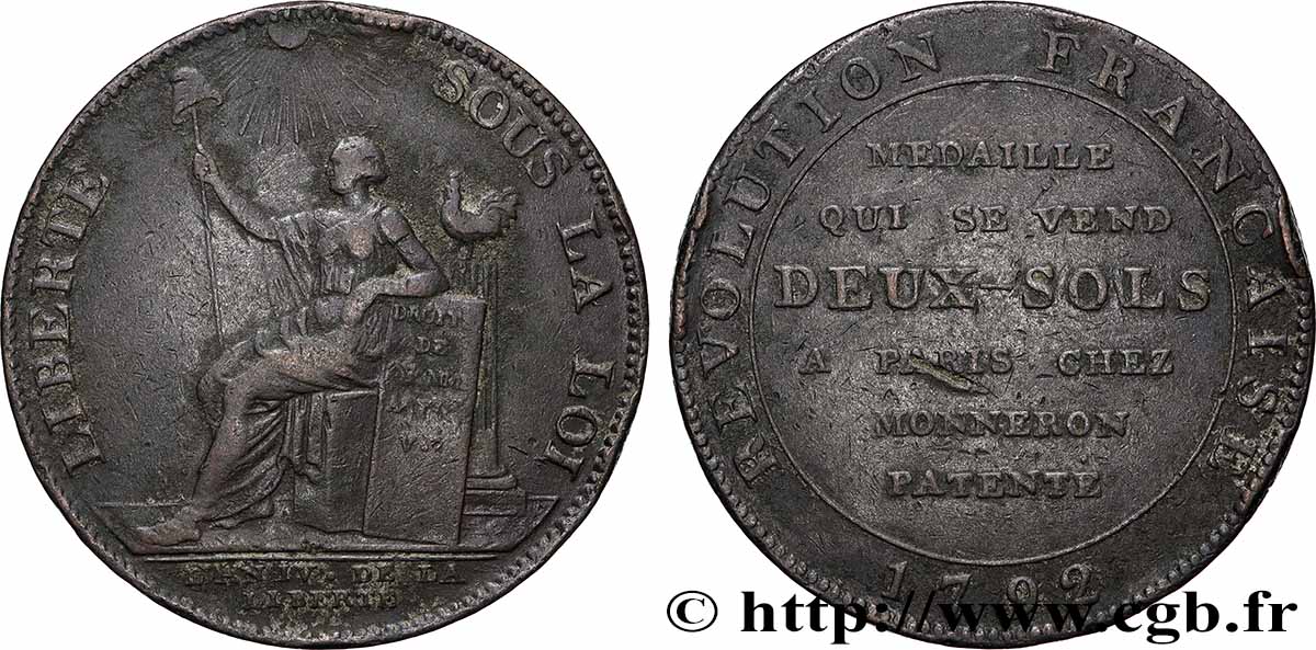 CONFIANCE (MONNAIES DE...) Monneron de 2 sols à la Liberté 1792 Birmingham, Soho TB+/TTB