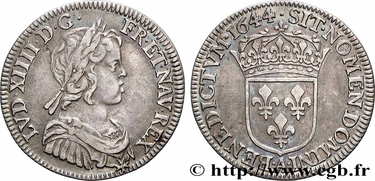 LOUIS XIV &nbsp;THE SUN KING&nbsp; Quart d&nbsp;écu, portrait à la mèche courte 1644 Paris, Monnaie du Louvre SS/fVZ