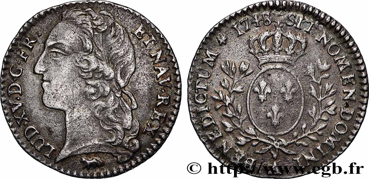 LOUIS XV DIT LE BIEN AIMÉ Dixième d&nbsp;écu aux branches d’olivier, tête ceinte d’un bandeau 1748 Paris TTB+/TTB