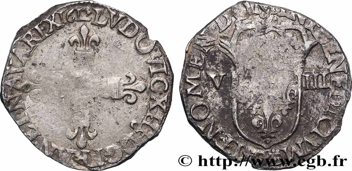 LOUIS XIII  Huitième d&nbsp;écu, à la croix fleurdelisée, titulature côté croix 1612 Rennes MB