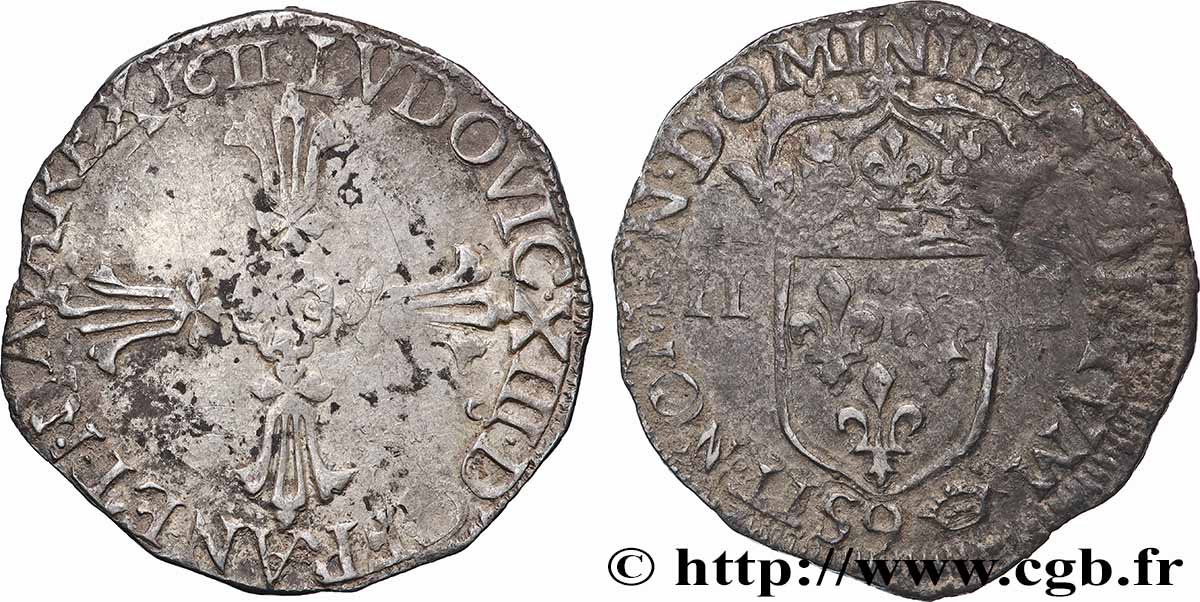 LOUIS XIII  Quart d&nbsp;écu, à la croix fleuronnée, titulature côté croix 1611 Rennes fSS