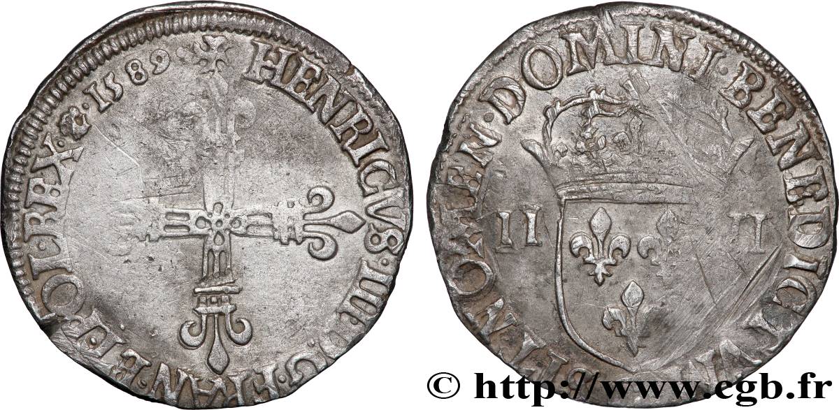 HENRI III Quart d&nbsp;écu, croix de face 1589 Saint-Lô TB+