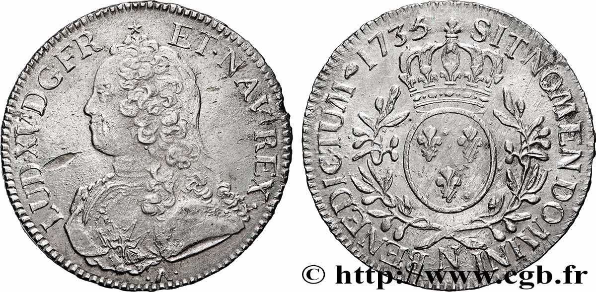 LOUIS XV &nbsp;THE WELL-BELOVED&nbsp; Écu aux branches d&nbsp;olivier, buste habillé 1735 Montpellier AU