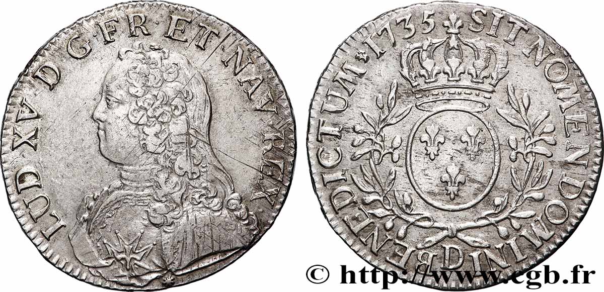 LOUIS XV &nbsp;THE WELL-BELOVED&nbsp; Écu aux branches d&nbsp;olivier, buste habillé 1735 Lyon AU