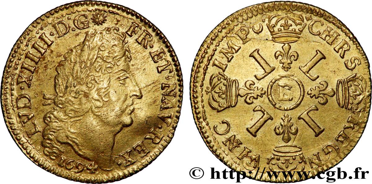LOUIS XIV LE GRAND OU LE ROI SOLEIL Louis d&nbsp;or aux quatre L 1694 Tours TTB+