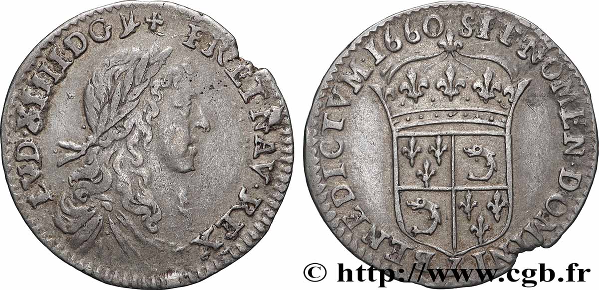 LOUIS XIV &nbsp;THE SUN KING&nbsp; Douzième d&nbsp;écu de Dauphiné, portrait apollinien 1660 Grenoble AU