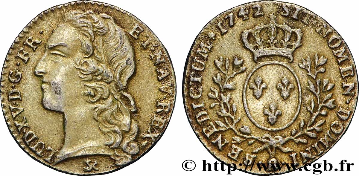 LOUIS XV &nbsp;THE WELL-BELOVED&nbsp; Dixième d&nbsp;écu aux branches d’olivier, tête ceinte d’un bandeau 1742 Rouen AU