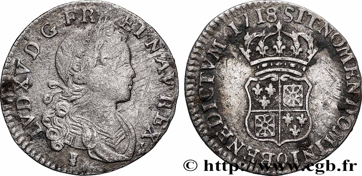 LOUIS XV &nbsp;THE WELL-BELOVED&nbsp; Dixième d&nbsp;écu dit &nbsp;de France-Navarre&nbsp; 1718 Rennes VF
