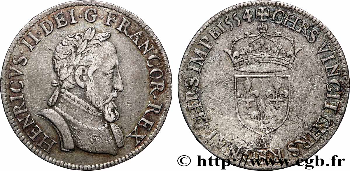 HENRY II Demi-teston au buste lauré, fabriqué au moulin 1554 Paris, Moulin des Étuves AU/AU