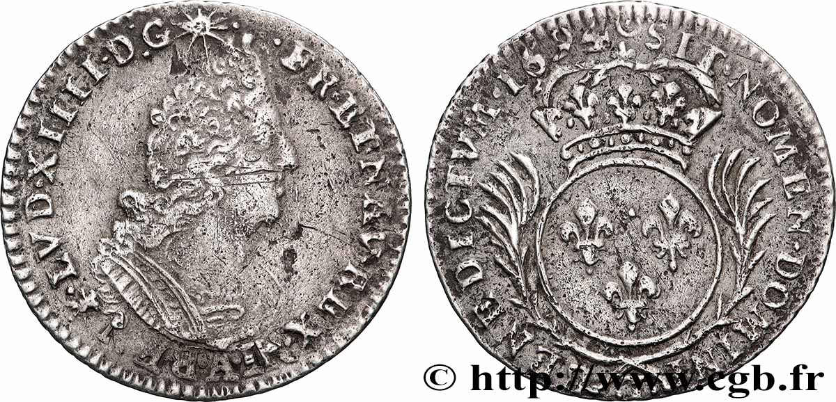 LOUIS XIV &nbsp;THE SUN KING&nbsp; Douzième d&nbsp;écu aux palmes 1694 Nantes VF/XF