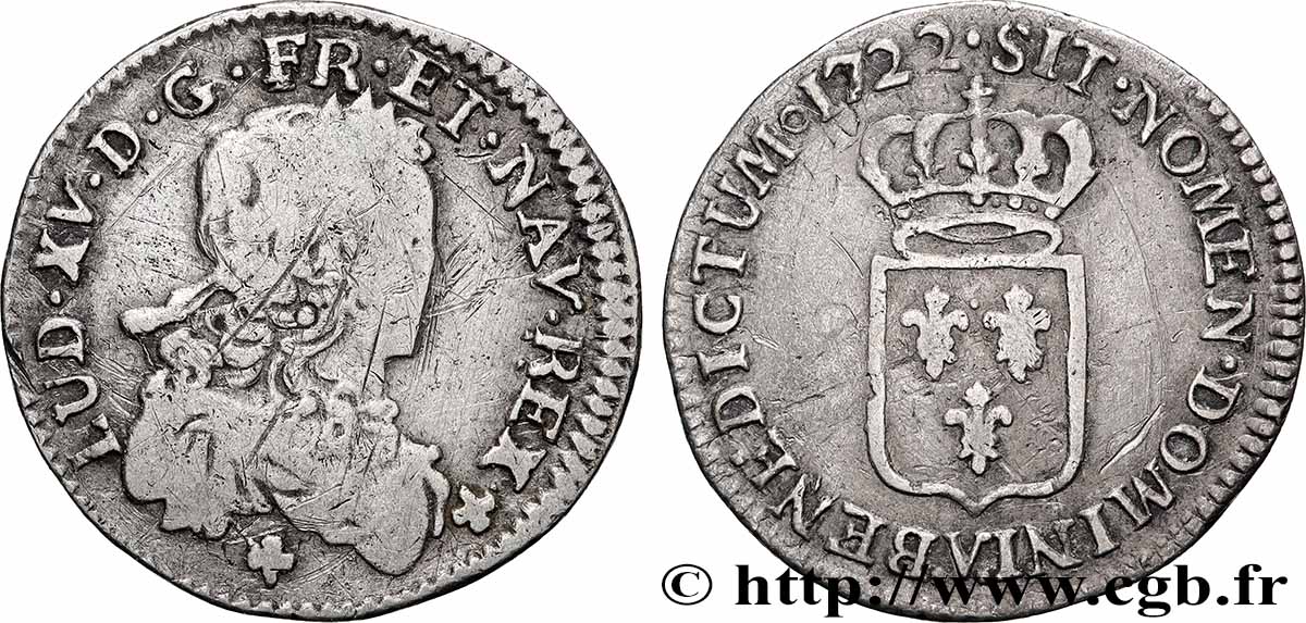 LOUIS XV DIT LE BIEN AIMÉ Sixième d&nbsp;écu de France 1722 Troyes TB/TB+