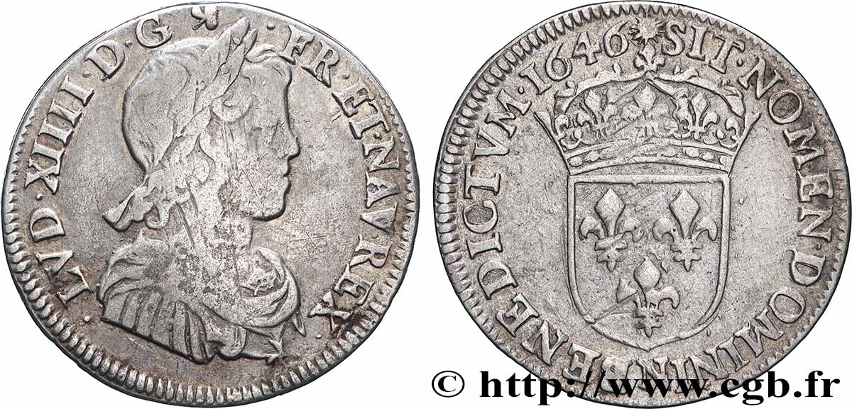 LOUIS XIV &nbsp;THE SUN KING&nbsp; Quart d&nbsp;écu, portait à la mèche longue 1646 Montpellier fSS