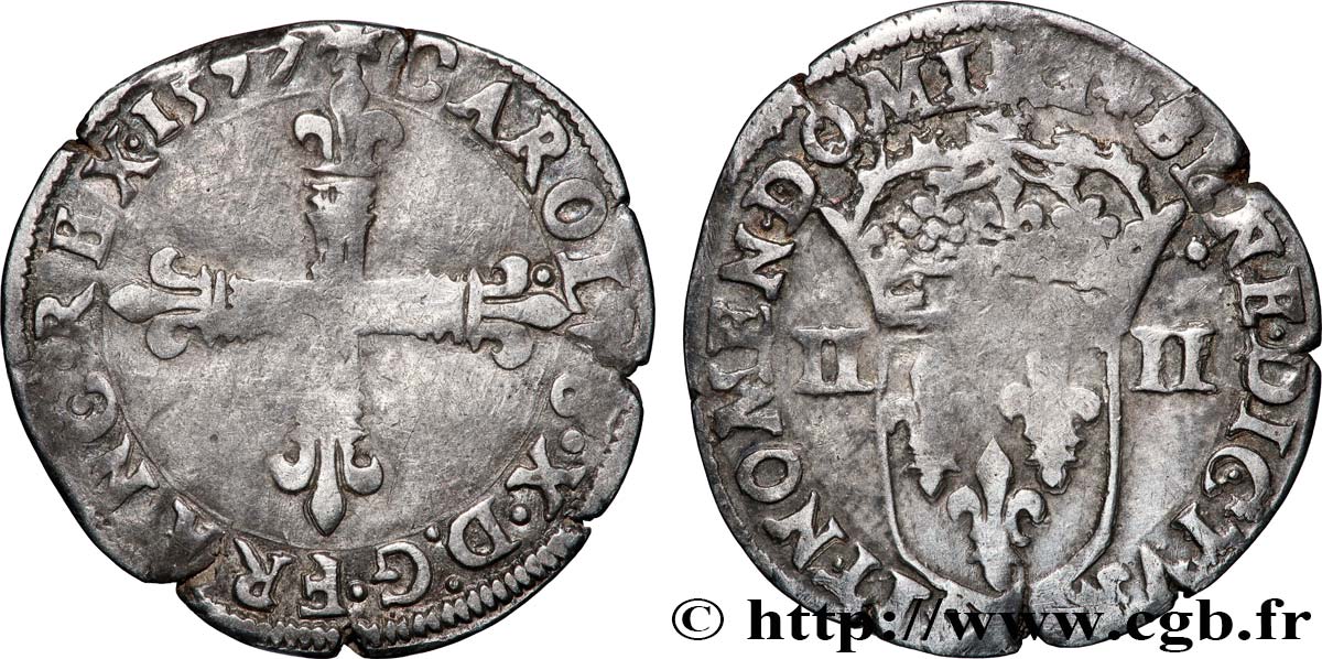 CHARLES X, CARDINAL DE BOURBON Quart d&nbsp;écu, croix de face 1597 Nantes TB+