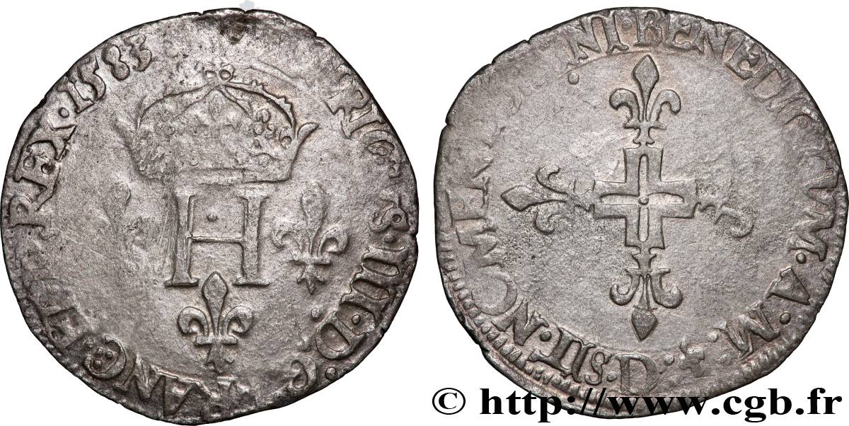 HENRI III Double sol parisis, 2e type 1583 Lyon TB+/TTB