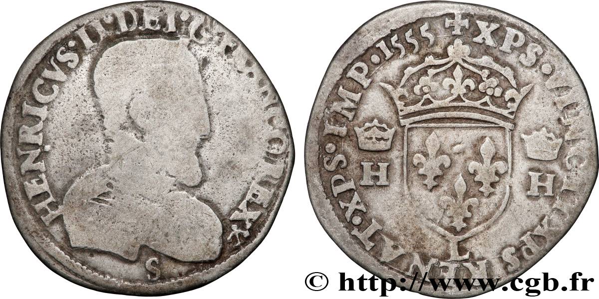 HENRI II Demi-teston à la tête nue, 1er type 1555 Bayonne B/TB