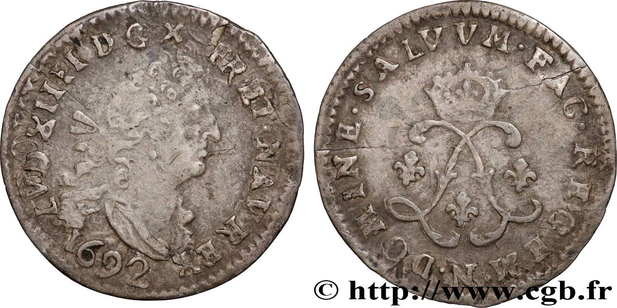 LOUIS XIV LE GRAND OU LE ROI SOLEIL Quatre sols aux deux L 1692 Montpellier TB/TB+