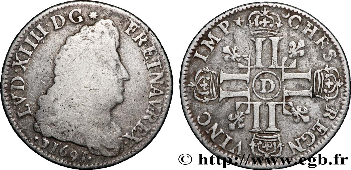 LOUIS XIV LE GRAND OU LE ROI SOLEIL Quart d&nbsp;écu aux huit L, 1er type 1691 Lyon TB/TTB