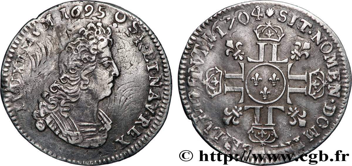 LOUIS XIV LE GRAND OU LE ROI SOLEIL Douzième d&nbsp;écu aux huit L, 2e type 1704 Paris TTB