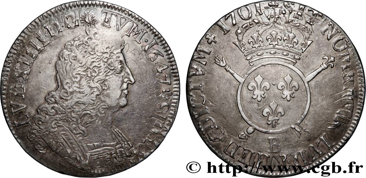 LOUIS XIV LE GRAND OU LE ROI SOLEIL Écu aux insignes 1701 Rouen TTB