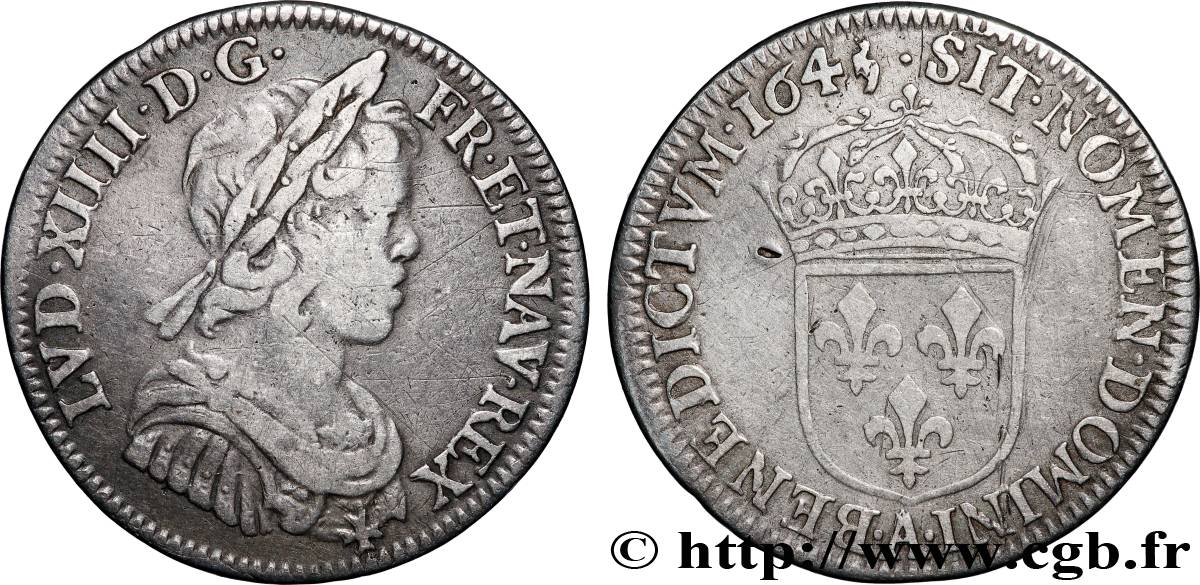 LOUIS XIV LE GRAND OU LE ROI SOLEIL Quart d&nbsp;écu, portrait à la mèche courte 1645 Paris, Monnaie du Louvre TB+