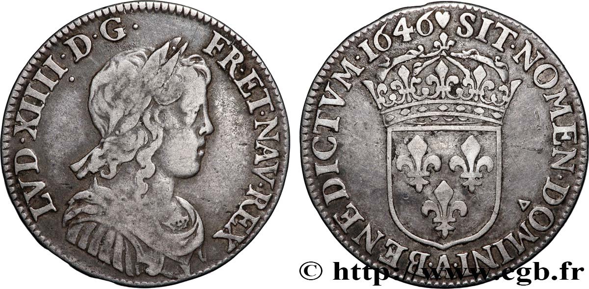 LOUIS XIV LE GRAND OU LE ROI SOLEIL Quart d&nbsp;écu, portait à la mèche longue 1646 Paris TB+/TTB