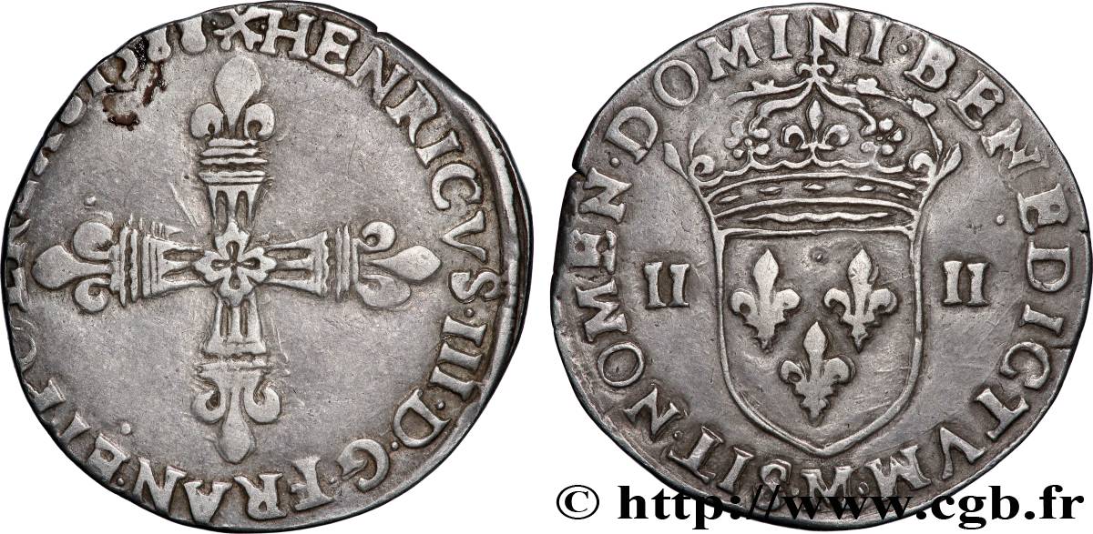 HENRI III Quart d&nbsp;écu, croix de face 1588 Toulouse TTB