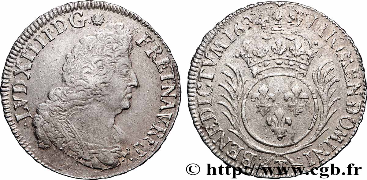 LOUIS XIV &nbsp;THE SUN KING&nbsp; Demi-écu aux palmes 1694 Nantes XF