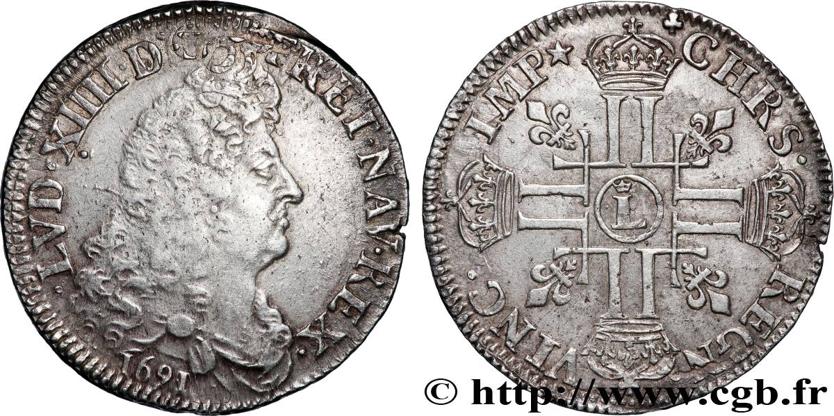 LOUIS XIV LE GRAND OU LE ROI SOLEIL Demi-écu aux huit L, 1er type 1691 Lille TTB
