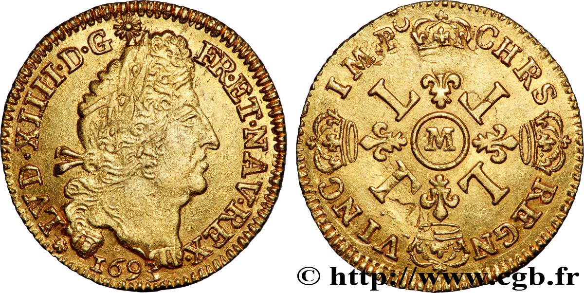 LOUIS XIV LE GRAND OU LE ROI SOLEIL Louis d&nbsp;or aux quatre L 1693 Toulouse SUP