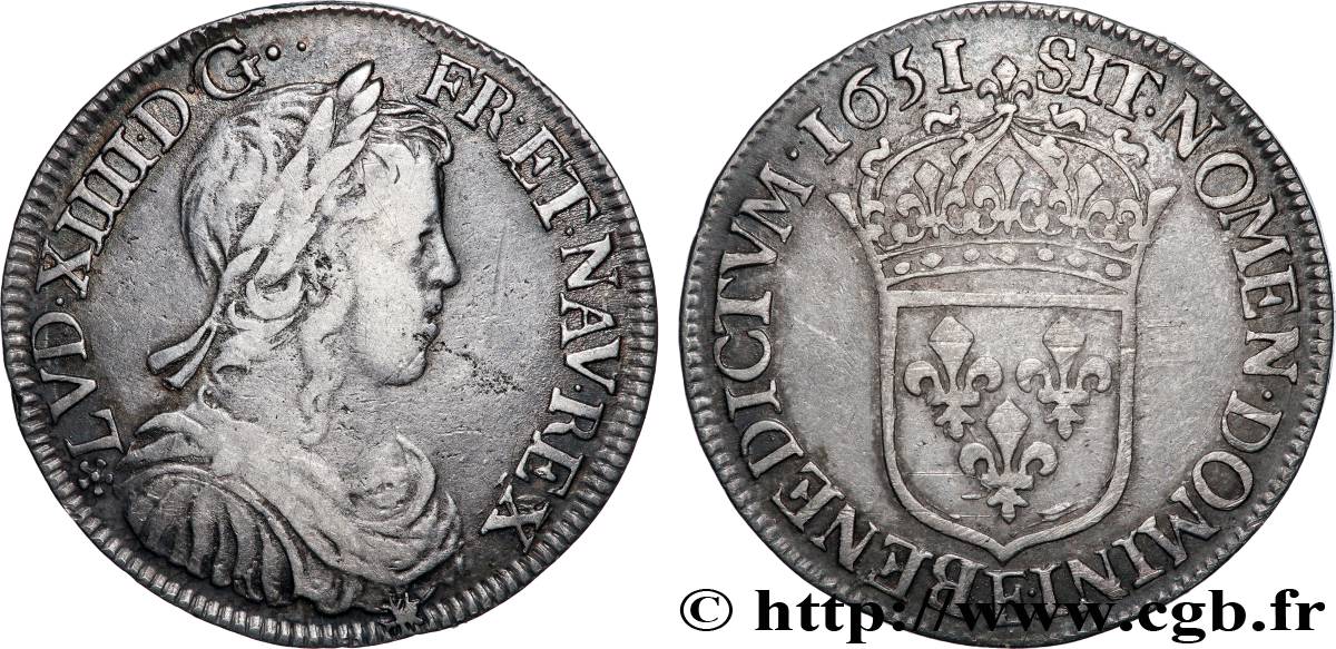 LOUIS XIV &nbsp;THE SUN KING&nbsp; Demi-écu, portrait à la mèche longue 1651 Tours VF/XF