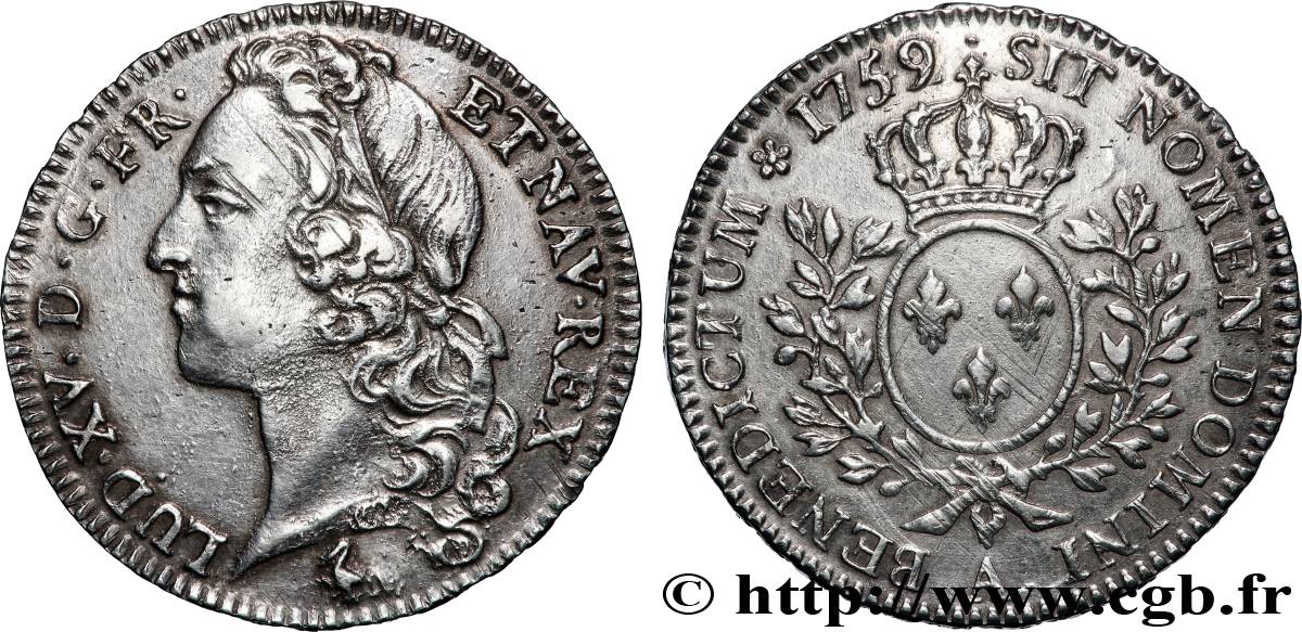 LOUIS XV &nbsp;THE WELL-BELOVED&nbsp; Demi-écu aux branches d’olivier, tête ceinte d’un bandeau 1759 Paris AU