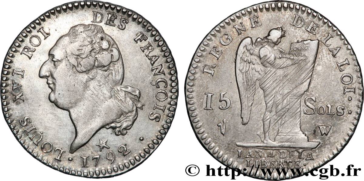 LOUIS XVI (MONARQUE CONSTITUTIONNEL)  15 sols dit &nbsp;au génie&nbsp;, type FRANCOIS 1792 Lille TB+/TTB