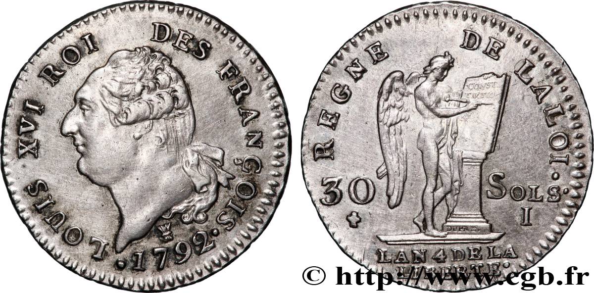 LOUIS XVI (MONARQUE CONSTITUTIONNEL)  30 sols dit &nbsp;au génie&nbsp;, type FRANCOIS 1792 Lille SUP/TTB+
