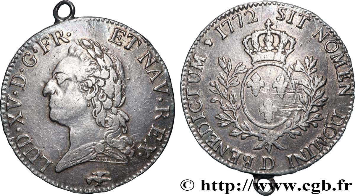 LOUIS XV DIT LE BIEN AIMÉ Écu aux branches d’olivier, buste lauré 1772 Lyon TTB