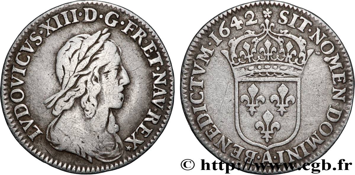 LOUIS XIII  Douzième d&nbsp;écu, buste drapé et cuirassé (2e buste de Jean Warin) 1642 Paris, Monnaie de Matignon VF